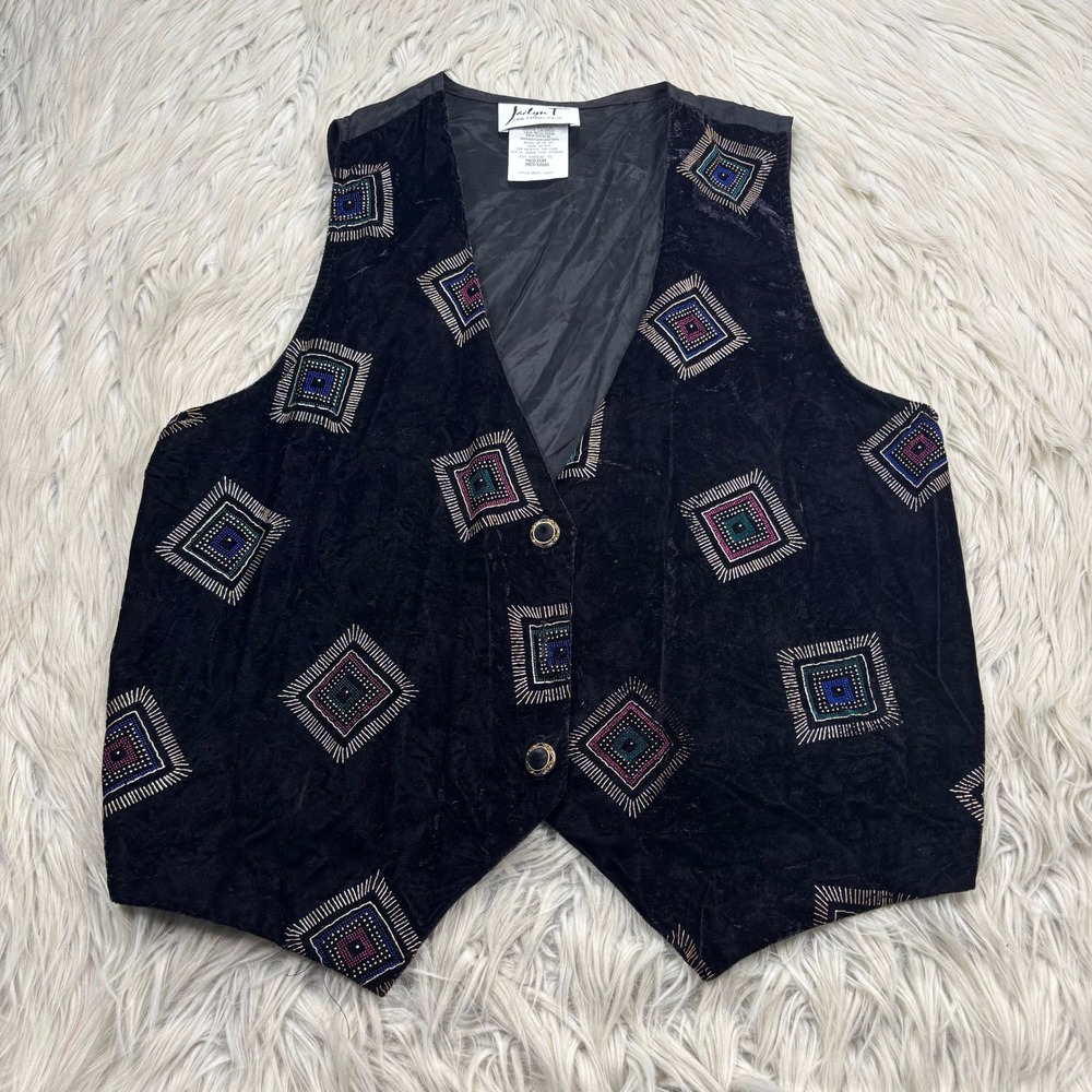 Vintage Jadyn T San Francisco Women's M Black Velvet Vest Waistcoat Art Deco